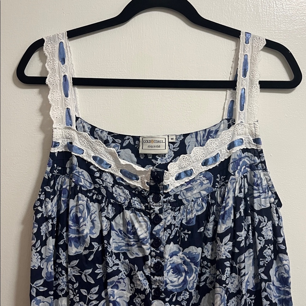 100% Cotton Navy Blue Floral Nightgown Nightdress with Ribbon and Lace Details - Picture 2 of 6